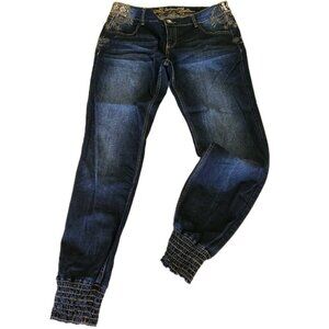 Desigual Jean Jogger Womens M Blue Embellished Embroidered Zip Fly Boho Whimsy